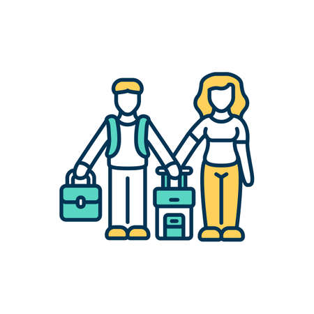 Trip with friends RGB color icon. Travel experience. Backpacking. Deeper relationships development. Discovering new surroundings and experiences. Traveling together. Isolated vector illustrationのイラスト素材