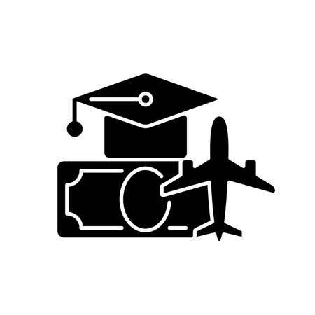 Pilot training financing black glyph icon. Civil aviation crisis. Goverment helping funding for aviation. High quality education. Silhouette symbol on white space. Vector isolated illustrationのイラスト素材