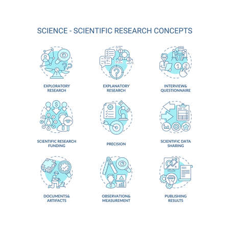 Science and scientific researching concept icons set. Scientific data sharing idea thin line RGB color illustrations. Scientific hypothesis. Vector isolated outline drawings. Editable strokeのイラスト素材