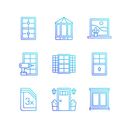Installation services RGB color icons set. Double-hung windows. Entry doors. Extending beyond exterior wall. Thin line contour symbols bundle. Isolated vector outline illustrations collectionのイラスト素材