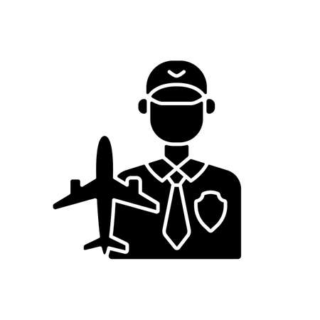 Aviation security black glyph icon. Airport security control system. Safety flights. Professional service. Civil aviation. Silhouette symbol on white space. Vector isolated illustrationのイラスト素材