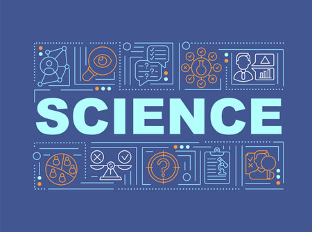 Science word concepts banner. Discovering new technologies. Getting new information. Infographics with linear icons on navy background. Isolated typography. Vector outline RGB color illustrationのイラスト素材