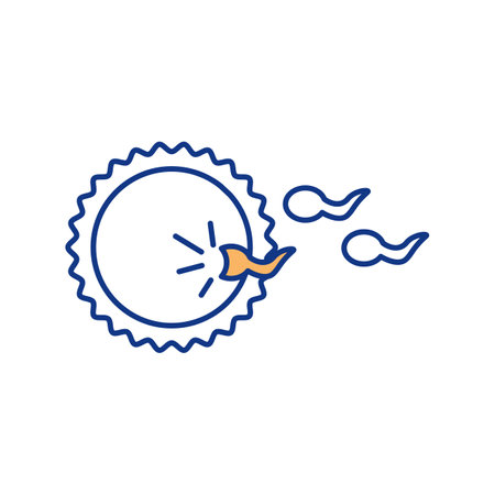 Fertilization process RGB color icon. Sperm fusing with ovum. Zygote activation. Sperm-egg recognition and fusion. Paternal sperm and maternal egg nucleus union. Isolated vector illustrationのイラスト素材