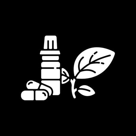 Health products dark mode glyph icon. Medication and pills. Vitamins and supplements. Online medical store category. White silhouette symbol on black space. Vector isolated illustrationのイラスト素材