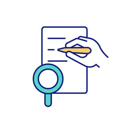 Recording of research results in natural conditions green RGB color icon. Records and materials publishing in notebooks. Analyzing detailed information. Isolated vector illustrationのイラスト素材
