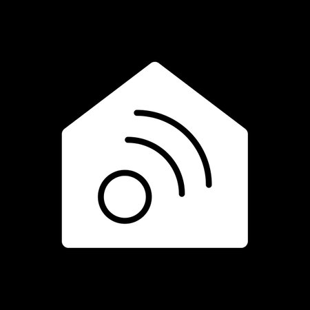 Smart home app dark mode glyph icon. Home automation application. Remote wireless control. Smartphone UI button. White silhouette symbol on black space. Vector isolated illustrationのイラスト素材
