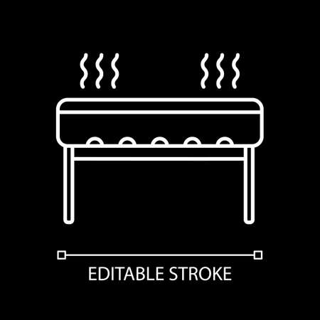 Barbecue grill white linear icon for dark theme. Outdoor cooking appliance. Oven for cookery. Thin line customizable illustration. Isolated vector contour symbol for night mode. Editable strokeのイラスト素材
