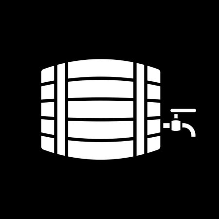 Wine barrel with tap dark mode glyph icon. Whiskey brewery. Distillery production. Alcoholic beverage. Drum tank for alcohol. White silhouette symbol on black space. Vector isolated illustrationのイラスト素材