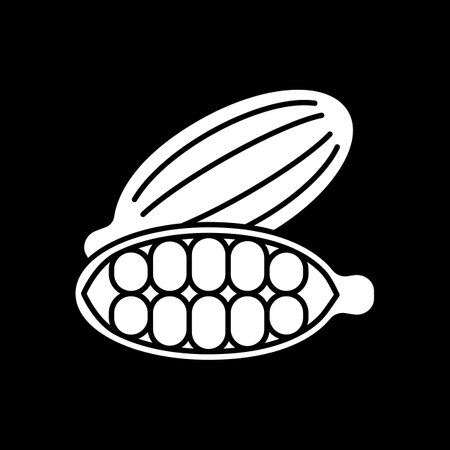 Cocoa beans dark mode glyph icon. Chocolate production. Cosmetic ingredient. Coco beans. Nutrient food and foodstuff. White silhouette symbol on black space. Vector isolated illustrationのイラスト素材