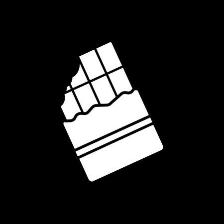 Bitten chocolate bar dark mode glyph icon. Sweet treat. Unhealthy dessert with calories. Weight gain from food. White silhouette symbol on black space. Vector isolated illustrationのイラスト素材