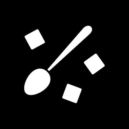 Spoon with sugar cubes dark mode glyph icon. Sweet ingredient. Kitchen utensil. Natural sweetener for cooking. Culinary and baking. White silhouette symbol on black space. Vector isolated illustrationのイラスト素材