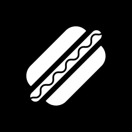 American hot dog dark mode glyph icon. Street food. Unhealthy eating. Fast food. Cooked sausage with ketchup in bun. White silhouette symbol on black space. Vector isolated illustrationのイラスト素材