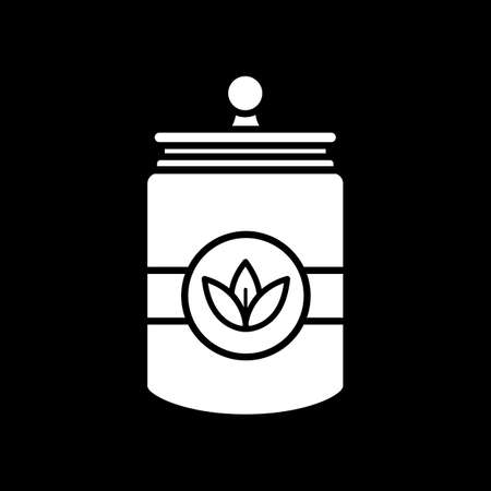 Glass jar of herbal sauce dark mode glyph icon. Container for leaf tea. Condiment in glass. Bottled oregano. Recipe ingredient. White silhouette symbol on black space. Vector isolated illustrationのイラスト素材