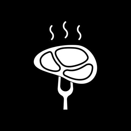 Grilled meat dark mode glyph icon. Steaming cooked pork. Hot fillet on fork for eating. Barbecue cooking. BBQ cookery. White silhouette symbol on black space. Vector isolated illustrationのイラスト素材