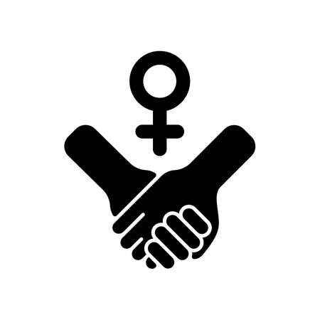 Girl power black glyph icon. Struggle for women rights. Women cooperation. Motivation quote. Woman empowerment movement. Silhouette symbol on white space. Vector isolated illustrationのイラスト素材