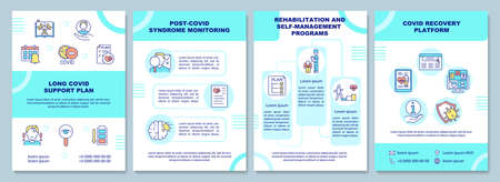 Long covid support plan brochure template. Covid syndrome monitoring. Flyer, booklet, leaflet print, cover design with linear icons. Vector layouts for magazines, annual reports, advertising postersのイラスト素材