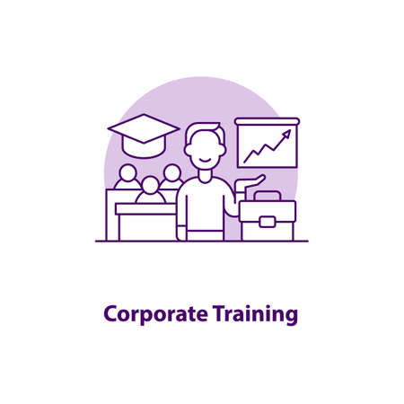 Corporate training creative UI concept icon. Group training of colleagues. Online lessons. Conducting briefings abstract illustration. Isolated vector art for UX. Color graphic design elementのイラスト素材