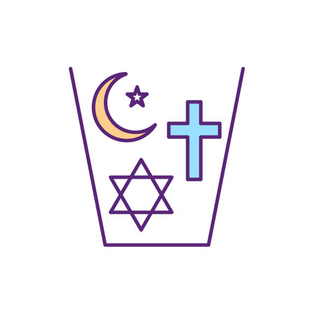 Coexisting religions RGB color icon. Spiritual harmony. Peace and tolerance between institutional belief systems. Religious diversity. Judaism, Islam and Christianity. Isolated vector illustrationのイラスト素材