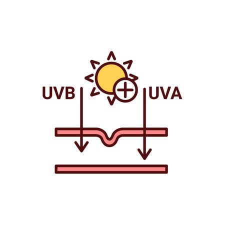 Harmful exposure UVA and UVB rays RGB color icon. Tanning effect. Skin cancer, cataracts risk. Sunburn producing. Damaging skin cells. Malignant melanoma threat. Isolated vector illustrationのイラスト素材