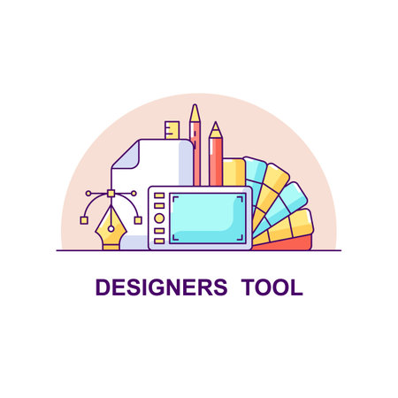 Designer tools creative UI concept icon. Digital illustrator professional equipment. Graphic tablet, color pallette. Isolated vector art for UX. Graphic design elementのイラスト素材
