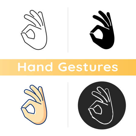 Okay gesture icon. Sign or ring gesture. Perfect. Communication elements. Circle made from index and thumb. Army gestures. Linear black and RGB color styles. Isolated vector illustrationsのイラスト素材