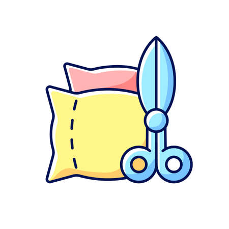 Household items and alterations RGB color icon. Upholstery production. Work with textile. Home cushions, pillows restoration. Clothing alteration and repair services. Isolated vector illustrationのイラスト素材
