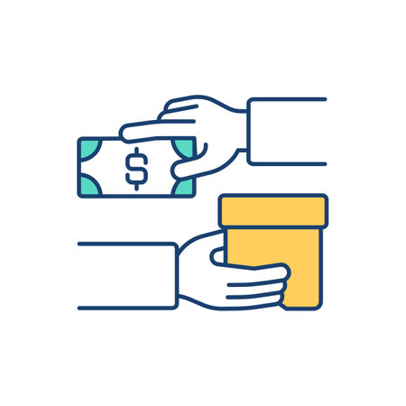 Purchasing process RGB color icon. Orders delivery. Buying goods and services. Payment terms. Asset transferring. Consumer purchases. Successful buying experience. Isolated vector illustrationのイラスト素材