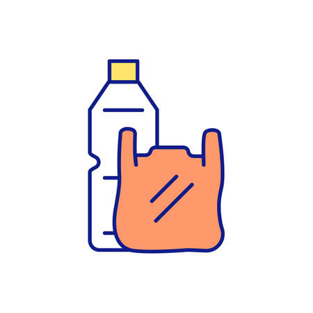 Plastic bottle and bag RGB color icon. Impact of harmful emissions on climate change. Lengthy decomposition process. Microplastics effect. The harm from plastic waste. Isolated vector illustrationのイラスト素材