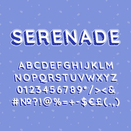 Serenade vintage 3d vector alphabet set. Retro bold font, typeface. Pop art stylized lettering. Old school style letters, numbers, symbols pack. 90s, 80s creative typeset design templateのイラスト素材