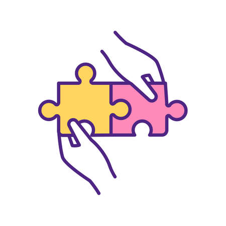 Perfect match of two puzzles RGB color icon. Two colors element ideal connection. Yellow and pink game pieces. People couple like two puzzle elements isolated vector illustrationのイラスト素材