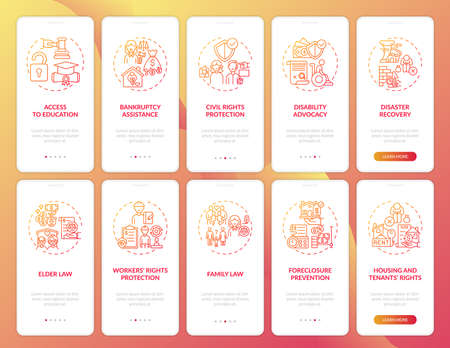 Legal services onboarding mobile app page screen with concepts. Judge verdict walkthrough 10 steps graphic instructions. UI, UX, GUI vector template with linear color illustrationsのイラスト素材