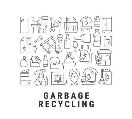 Garbage recycling abstract linear concept layout with headline. Waste management minimalistic idea. Rubbish disposal thin line graphic drawings. Isolated vector contour icons for backgroundのイラスト素材
