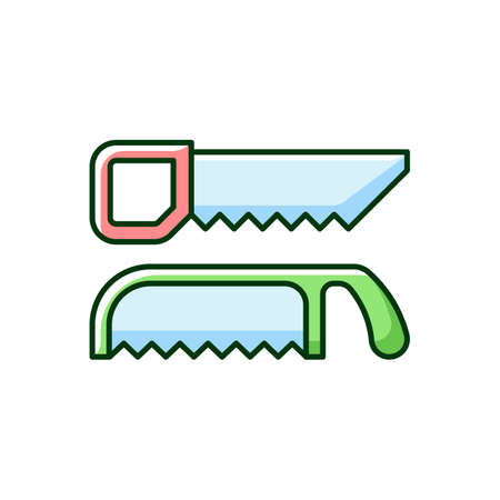 Saws RGB color icon. Cutting fresh and dry wood. Handsaw. Blade with sharp teeth. Pruning garden plants. Trimming live shrubs and trees. Pruning saw with large teeth. Isolated vector illustrationのイラスト素材