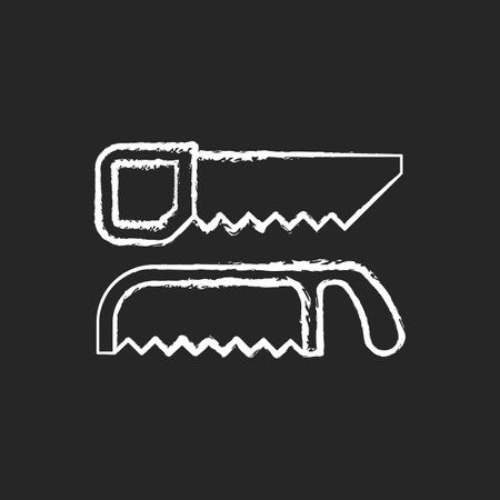 Saws chalk white icon on black background. Cutting fresh and dry wood. Handsaw. Blade with sharp teeth. Pruning garden plants. Trimming live shrubs and trees. Isolated vector chalkboard illustrationのイラスト素材