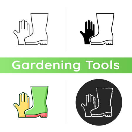 Gardening gloves and boots icon. Garden and yard work. Keeping hands and fingernails safe and clean. Cuts and scrapes prevention. Linear black and RGB color styles. Isolated vector illustrationsのイラスト素材