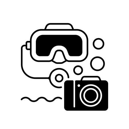 Underwater photography black linear icon. Process of taking photographs while under water usually done while scuba diving. Outline symbol on white space. Vector isolated illustrationのイラスト素材