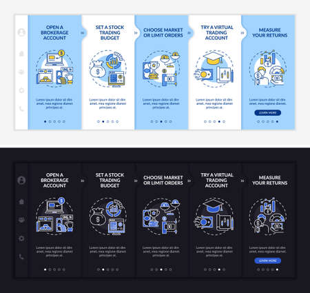 Investing process onboarding vector template. Responsive mobile website with icons. Web page walkthrough 5 step screens. Budget, virtual trade night and day mode concept with linear illustrationsのイラスト素材
