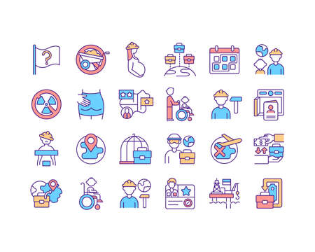 Migrant workers rights discrimination RGB color icons set. Immigrant families social protection. Stop harassment and discrimination. International work problems. Isolated vector illustrationsのイラスト素材