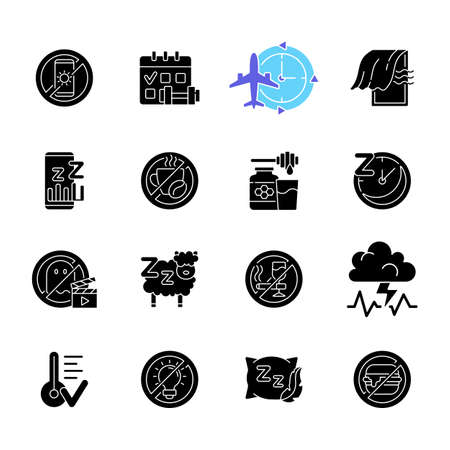 Insomnia causes black glyph icons set on white space. Reasons for bad sleep. Avoid sleeplessness. No caffeine. Healthy diet. Regular exercise. Silhouette symbols. Vector isolated illustrationのイラスト素材