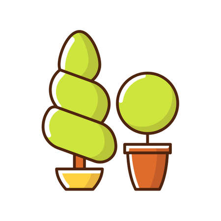 Topiaries and evergreens RGB color icon. Horticultural practice of training perennial plants by clipping foliage and twigs of trees. Isolated vector illustrationのイラスト素材
