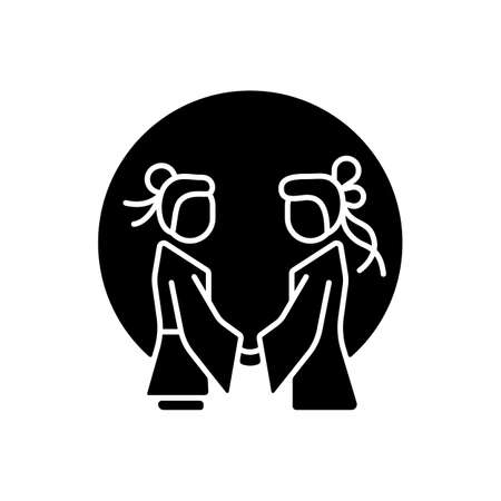 Double seventh festival black glyph icon. Chinese valentine day. Eastern equivalent. Romantic legend. Annual cowherd and weaver meeting. Silhouette symbol on white space. Vector isolated illustrationの販売画像