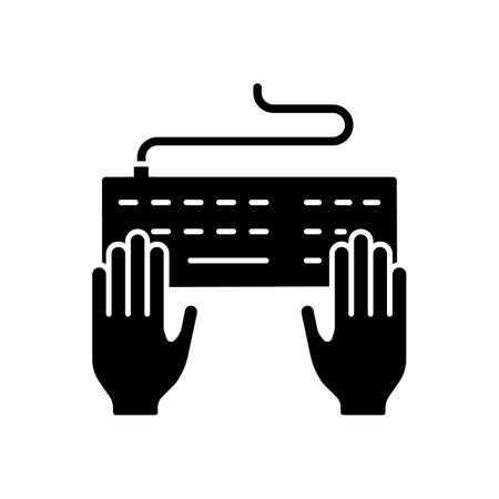 Keyboard black glyph icon. Professional freelance worker. Copywriter work. Enter information with keypad. Journalist service. Author job. Silhouette symbol on white space. Vector isolated illustrationのイラスト素材
