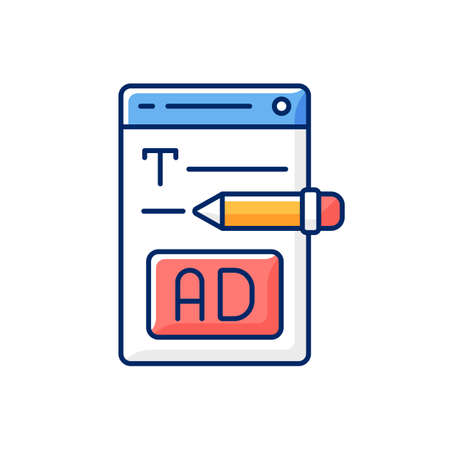 Writing text ads RGB color icon. Copywriting services for e commerce. Engaging content for online marketing. SEO work. Professional journalism. Writing commercial text. Isolated vector illustrationのイラスト素材