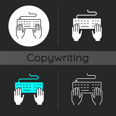 Keyboard dark theme icon. Professional freelance worker. Copywriter work. Author job. Hands typing on desktop. Linear white, simple glyph and RGB color styles. Isolated vector illustrationsのイラスト素材