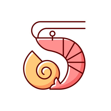 Crustaceans and molluscs RGB color icon. Marine food. Fresh food. Intolerance for prawn. Common allergen. Cause of allergic reaction, intolerance. Allergy for ingredient. Isolated vector illustrationのイラスト素材