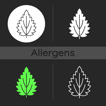 Nettle dark theme icon. Alternative medicine. Herbal ingredient for homeopathy. Seasonal allergy for plant. Linear white, simple glyph and RGB color styles. Isolated vector illustrationsのイラスト素材