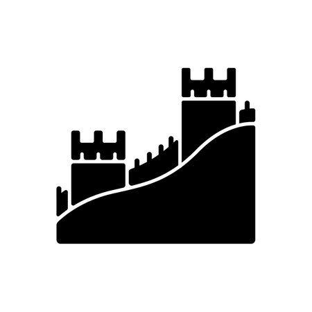 The Great Wall black glyph icon. Ancient historical place in China. Chinese traditional landmark, tourist spot for visit. World wonder. Silhouette symbol on white space. Vector isolated illustrationのイラスト素材
