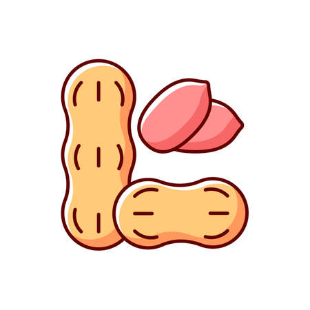 Peanut RGB color icon. Nut for nourishment. Nutrient diet, food ingredient. Protein dense foodstuff. Cause of allergic reaction. Common allergen, cause of allergy. Isolated vector illustrationのイラスト素材
