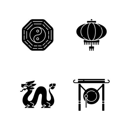 Lunar New Year attributes black glyph icons set on white space. Bagua, feng shui. Paper lantern. Loong dragon. Chinese gong. Oriental culture. Silhouette symbols. Vector isolated illustrationのイラスト素材