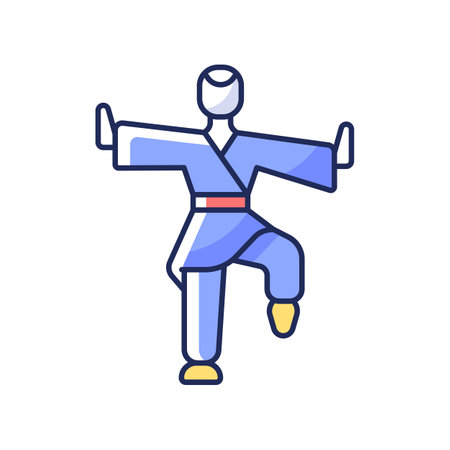 Kung Fu RGB color icon. Martial arts training. Karate class. Traditional fighting. Chinese athlete. Japanese fighter. Taekwondo pose. Asian national sport. Isolated vector illustrationのイラスト素材